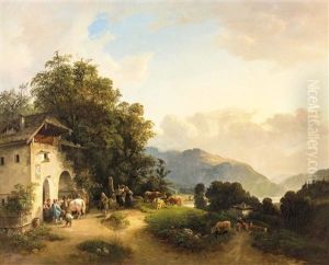 Alpenlandschaft Mit Fluss Und Verschiedenen Szenen Vor Bauernhaus