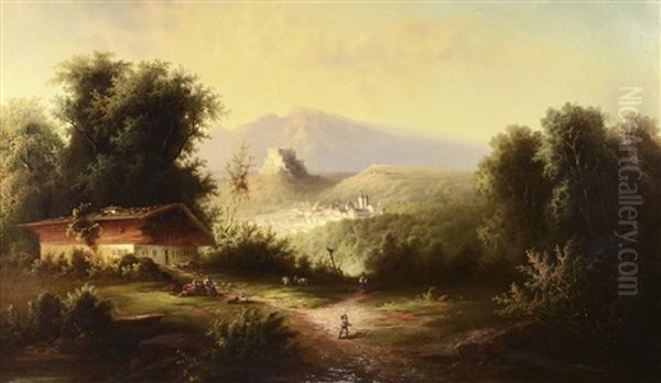Alpine Landscape. View Of Mountain Landscape With A Tyrolean Landscape, A Castle And A Cottage With Staffage - view 1
