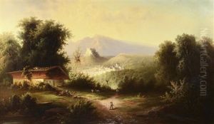 Alpine Landscape. View Of Mountain Landscape With A Tyrolean Landscape, A Castle And A Cottage With Staffage