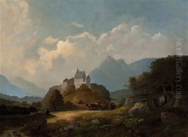 Landliches Treiben Mit Rinderfuhrwerk Und Schlos In Alpenlandschaft - view 1