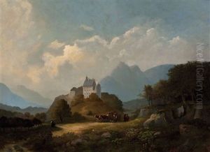 Landliches Treiben Mit Rinderfuhrwerk Und Schlos In Alpenlandschaft