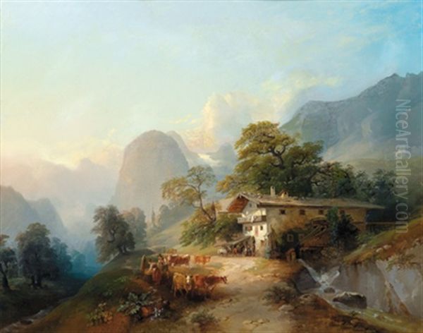Alpenlandschaft Mit Einer Viehherde Vor Dem Wirtshaus - view 1
