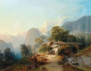 Alpenlandschaft Mit Einer Viehherde Vor Dem Wirtshaus