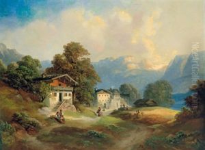 Gebirgslandschaft Mit Bauernhausern Und Figurlicher Staffage