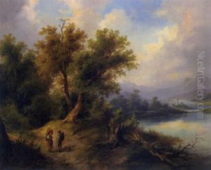 Landschaft Mit Figurlicher Staffage Und Einem Kleinen Dorf Im Hintergrund