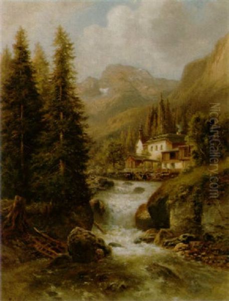 Berglandschaft Mit Wildem Bach Und Gebauden - view 1
