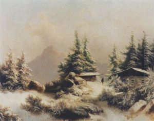 Verschneite Gebirgslandschaft Mit Alphutten Und Wanderer by Franz Barbarini