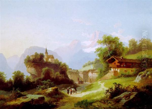 Gebirgsdorf Mit Einer Kirche Auf Felskuppe - view 1