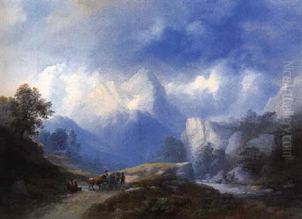 Gebirge-landschaft Mit Bauern Und Fuhrwerk - view 1
