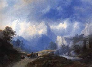 Gebirge-landschaft Mit Bauern Und Fuhrwerk