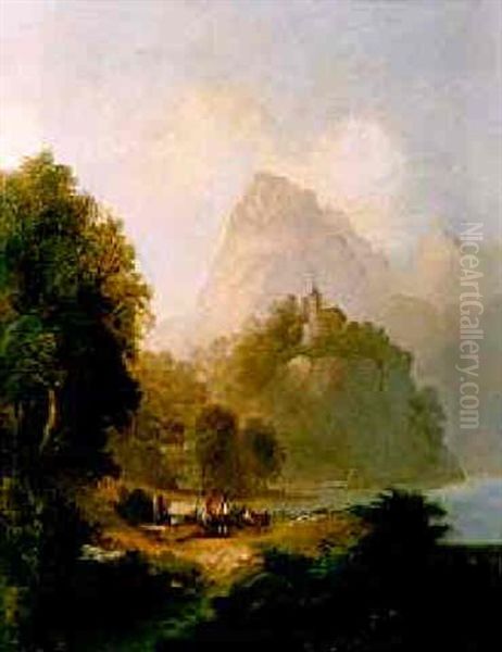 Figures Beside A Well In A Mountainous Lake Landscape - view 1
