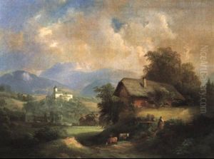 Idyllisches Schlos In Gebirgiger Landschaft by Franz Barbarini