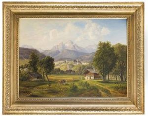 Weiter Landschaftsausblick Auf Berchtesgaden Mit Bauernhausern Und Dem Dahinterliegenden Gebirge Mit Dem Watzmann