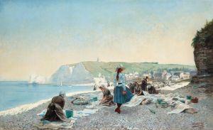 Washerwomen On The Beach, Etretat, Normandy by Gustave Adelsward