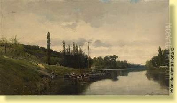 Peniches Dans Un Paysage Fluvial - view 1