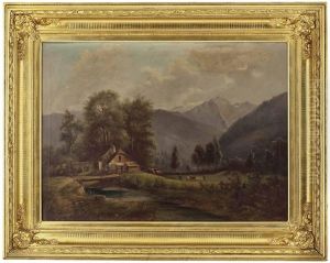 Bauerngehoft Mit Rinderherde In Den Alpen