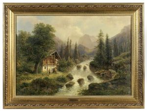 Landschaft Mit Wildbach Und Bauernhaus Im Salzkammergut, Figural Staffiert by Gustav Barbarini