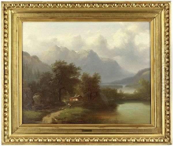 Alpenlandschaft Mit See, Bauernhaus Und Figurenstaffage - view 1