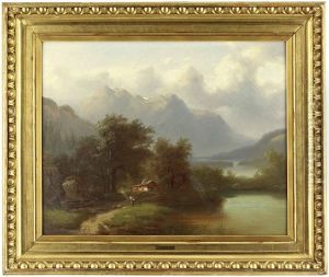 Alpenlandschaft Mit See, Bauernhaus Und Figurenstaffage by Gustav Barbarini