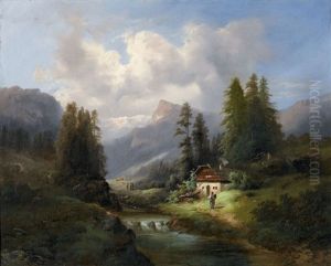 Sommerliche Berglandschaft Mit Bauern Und Einem Haus