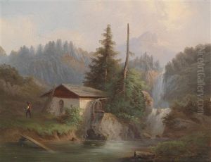 Gebirgsbach Mit Wanderer by Gustav Barbarini