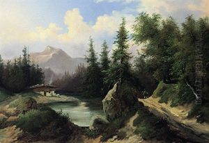 Sommerliche Landschaft In Den Alpen. Altes Gehoft An Einem Flusslauf. Jager Auf Dem Weg Sommerliche Landschaft In Den Alpen. Altes Gehoft An Einem Flusslauf. Jager Auf Dem Weg