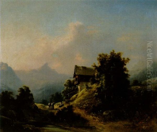 Gebirgslandschaft Mit Chalet Und Staffagefiguren - view 1