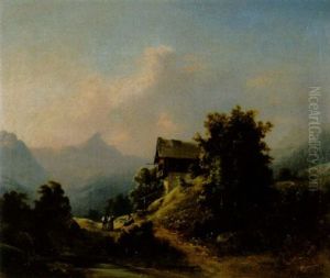 Gebirgslandschaft Mit Chalet Und Staffagefiguren