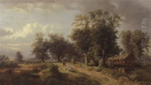 Landschaft Mit Bauernhaus Und Baumen Bei Einem Teich - view 1