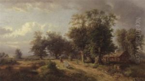 Landschaft Mit Bauernhaus Und Baumen Bei Einem Teich by Gustav Barbarini