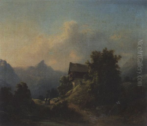 Gebirgslandschaft Mit Chalet Und Staffagefiguren - view 1