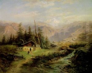 Gebirgslandschaft Mit Gletschermassiv Im Hintergrund by Gustav Barbarini