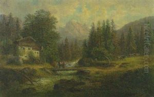 Haus Am Gebirgsbach Mit Konversierendem Landvolk Auf Der Brucke by Gustav Barbarini