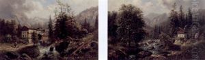 Hochgebirgslandschaft Mit Figuren Und Hausern An Einem Bergbach by Gustav Barbarini