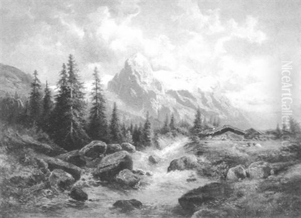 Gebirgslandschaft Mit Bauernhaus Und Figurlicher Staffage - view 1