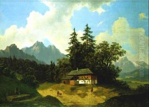 Gebirgslandschaft Mit Bauerngehoft Und Figurlicher Staffage