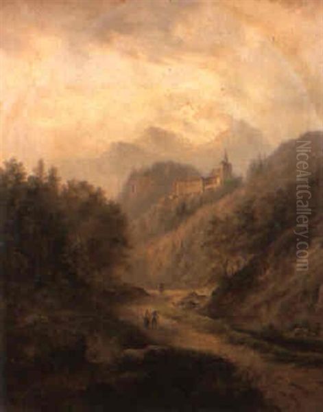 Mountainous Italianate Landscape With Peasants On A Track - view 1