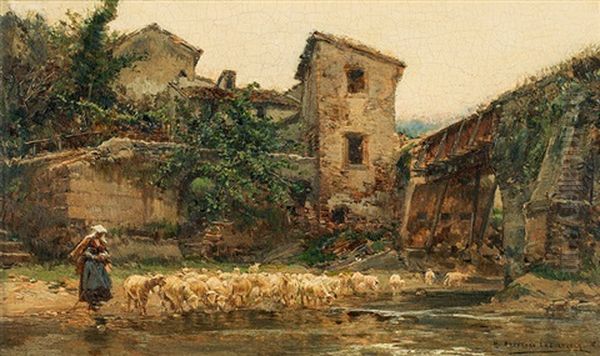 Sheep Flock At A River - view 1