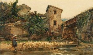 Sheep Flock At A River by Mariano Barbasan Lagueruela