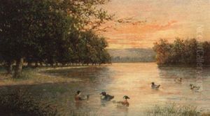 Ducks In A River Landscape by Mariano Barbasan Lagueruela
