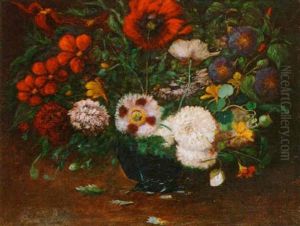 Still Life Of Flowers Displayed In A Blue Vase