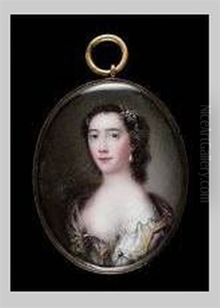 A Lady Wearing Decollete White Dress With Lace Collar And Blue Gem On Her Sleeve, Gold Trimmed Mauve Cloak Held At Her Corsage With Pearls, Drop Pearl Earring, Further Pearls And Flowers In Her Hair - view 1