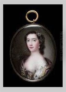 A Lady Wearing Decollete White Dress With Lace Collar And Blue Gem On Her Sleeve, Gold Trimmed Mauve Cloak Held At Her Corsage With Pearls, Drop Pearl Earring, Further Pearls And Flowers In Her Hair by Lucius Barber
