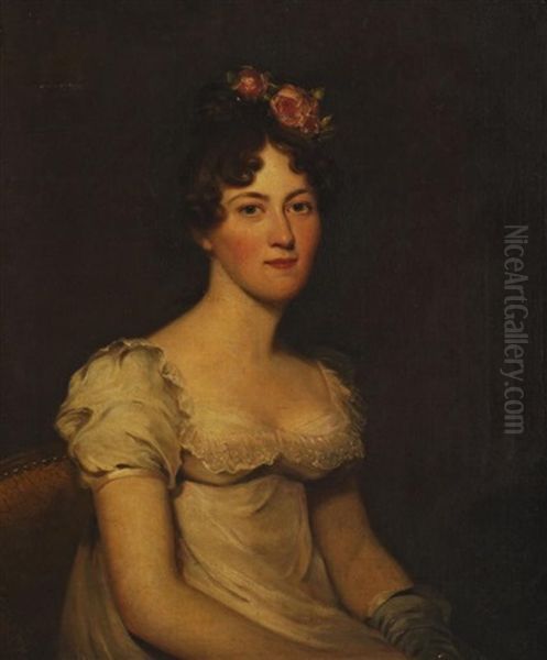Portrait Of Anne, Daughter Of Richard Arkwright And Wife Of Sir James Wigram, 1791-1844, Seated Three-quarter Length In A White Dress With Flowers In Her Hair Turned To The Right - view 1