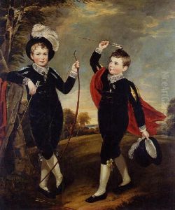 Portrait Of Two Boys Standing In A Landscape Wearing Navy Velvet Suits, Playing With Bows And Arrows Portrait Of Two Boys Standing In A Landscape Wearing Navy Velvet Suits, Playing With Bows And Arrows