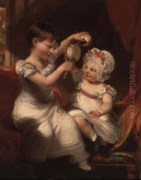 Two Sisters, Seated In An Interior, Playing - view 1