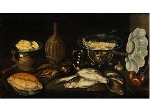 Stillleben Mit Fischen, Brot, Zwiebeln, Einer Weinflasche Und Geschirr by Paolo Antonio Barbieri