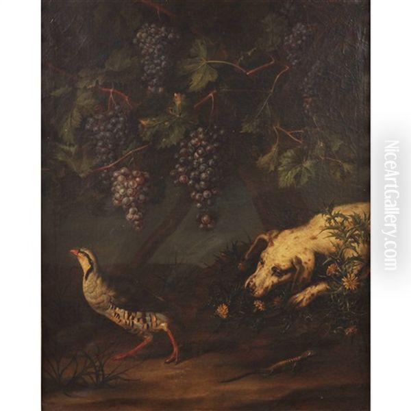 Lauernder Jagdhund Mit Steinhuhn Und Eidechse - view 1