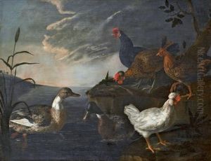 Canards, Poules Et Coqs Dans Un Paysage Lacustre by Paolo Antonio Barbieri