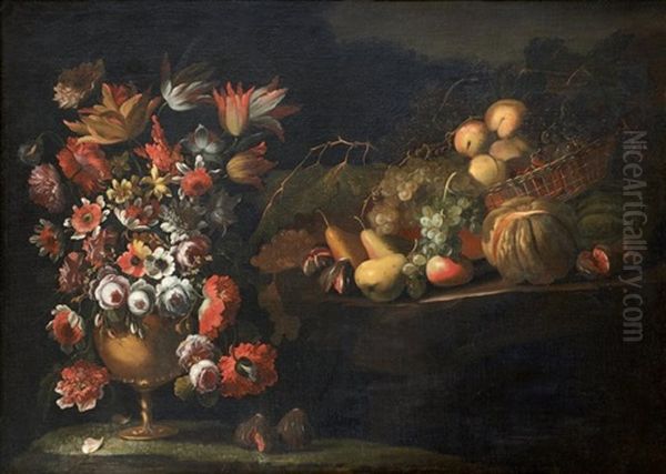 Nature Morte Au Vase De Fleurs Et Corbeille De Pommes, Raisins, Poires, Melon, Figues Dans Un Paysage - view 1